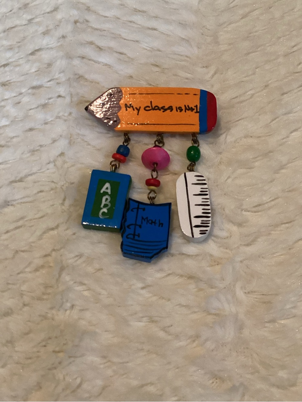 Vintage Wooden #1 Teacher Pencil Dangle Wooden Brooch School Love